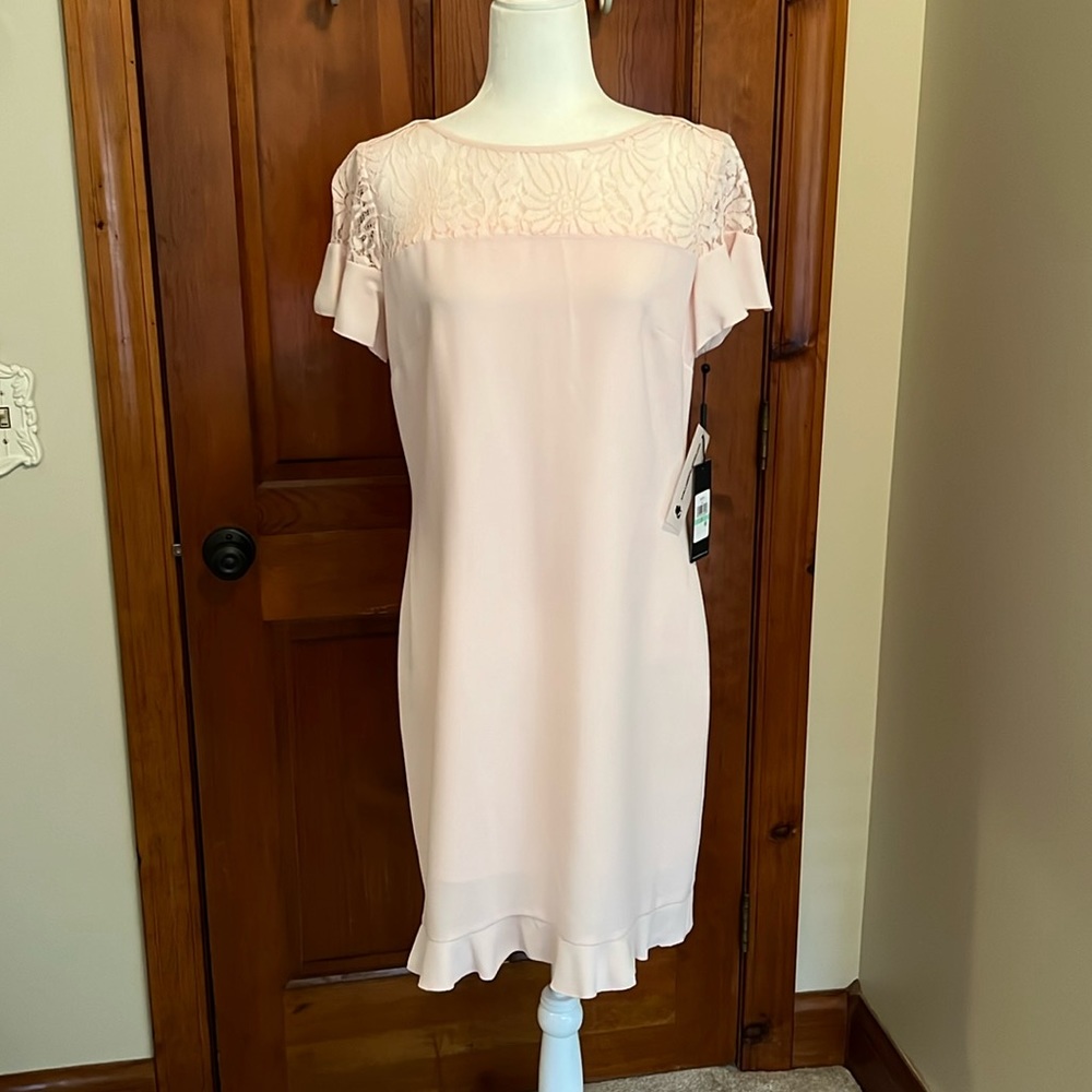 Karl Lagerfeld Short Sleeve Ruffle Sleeve Lace Yoke Dress
